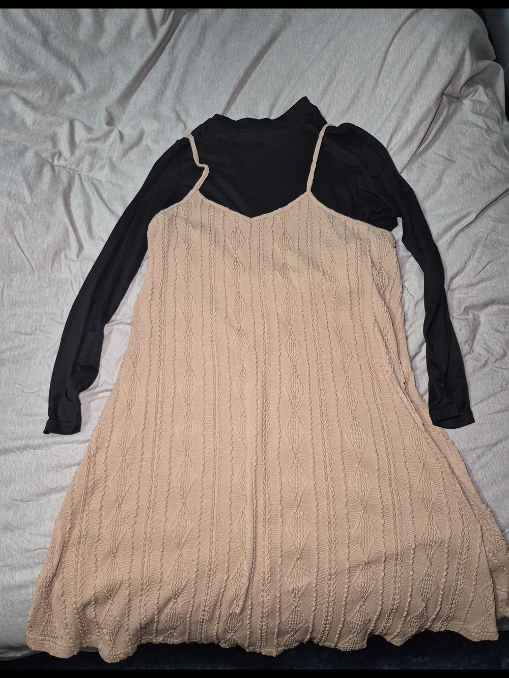 Cable Knit Midi Dress in Beige With Built In Black Turtleneck
